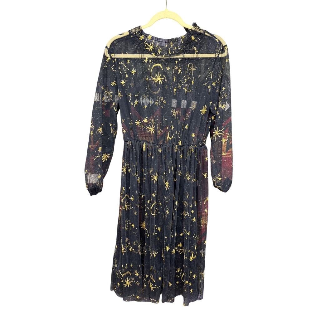Navy Sheer Dress Whimsy Twee Astrology Astronomy Moon Stars Gold Witchy Medium
